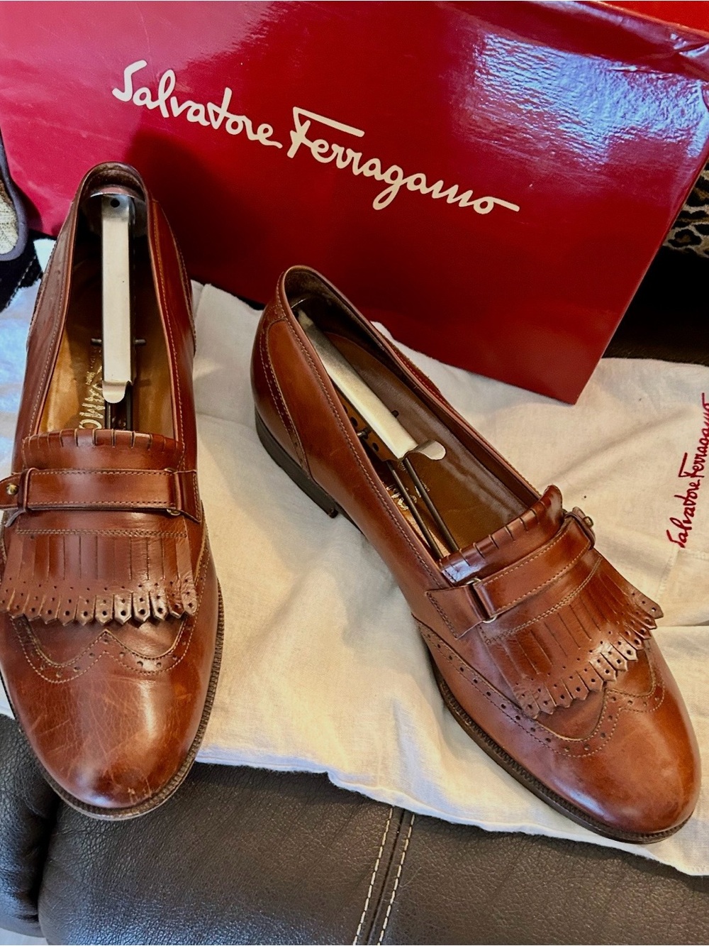 Salvatore Ferragamo Men’s Tan Chestnut Leather Kiltie Tassel Loafers Size 10.5